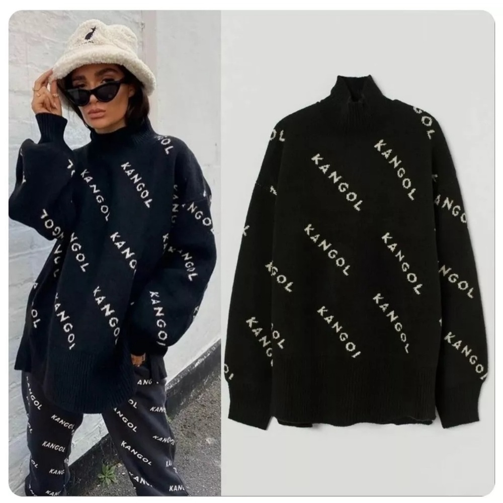 Kangol x H&M black oversized turtle neck knit sweater monogram S
